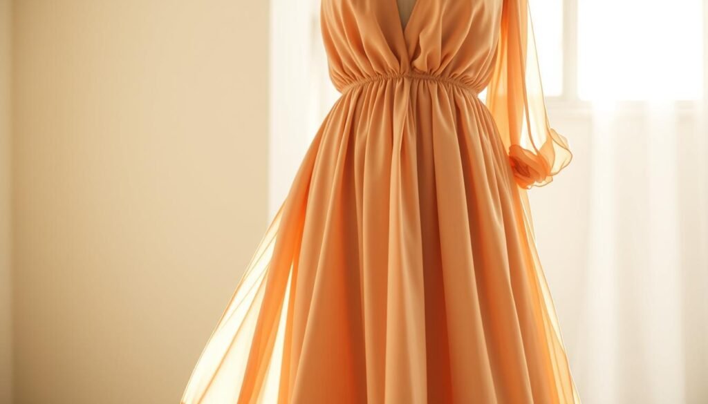 A beautiful, elegantly styled midi dress in a soft, flowing fabric stands as the centerpiece of the image. The dress is adorned with delicate details such as subtle ruching, a V-neckline, and a gently cinched waist, creating a feminine and flattering silhouette. The dress is set against a softly blurred, yet naturally lit background, allowing the dress to take center stage. The lighting is warm and diffused, casting a gentle glow on the dress and highlighting its tactile, luxurious texture. The camera angle is slightly elevated, providing a visually interesting perspective and showcasing the dress's full length and movement. The overall mood is one of effortless sophistication, inviting the viewer to imagine the versatility of this midi dress and the stylish layering possibilities it presents.