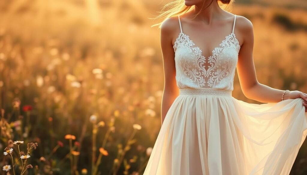 A beautiful, flowing boho-inspired wedding dress with delicate lace and embroidered detailing, set against a softly lit, natural background. Warm, golden sunlight filters through a field of wildflowers, casting a dreamy, romantic glow. The dress is elegantly cinched at the waist, with a flowing, flared skirt that moves gracefully in a gentle breeze. The neckline features a delicate, V-shaped design, with thin, wispy straps that accentuate the shoulders. The overall look is effortlessly chic, perfect for the modern, budget-conscious bohemian bride.
