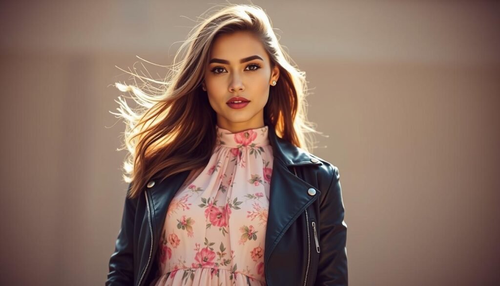 A beautiful young woman wearing a flowing, pastel-colored floral dress, paired with a sleek and edgy black leather jacket. The dress has a delicate, feminine silhouette with a high neckline and long, billowing sleeves. The leather jacket has a tailored, modern cut, adding a touch of urban sophistication. The lighting is soft and warm, creating a flattering, radiant glow on the model's face. The background is blurred, keeping the focus on the striking contrast between the delicate dress and the rugged leather jacket. The overall mood is one of effortless style, where the hard and soft elements complement each other seamlessly.