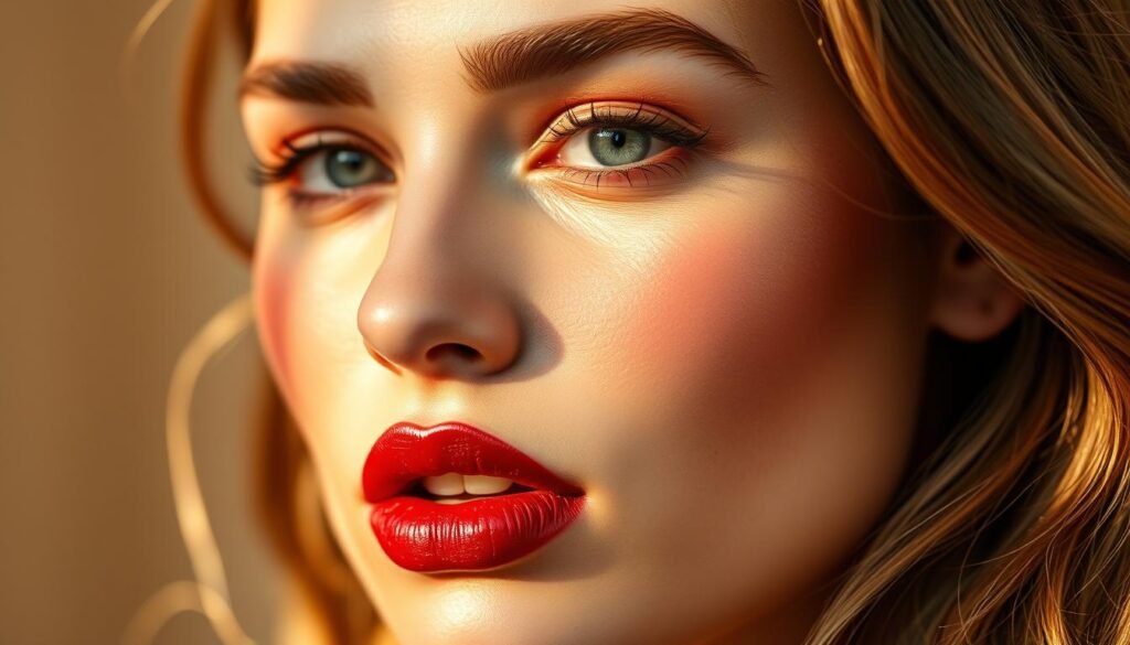 A beautifully lit, high-fashion editorial close-up of a female model's face, showcasing the latest blush and lip makeup trends for fall. The foreground features a delicate, flushed pink blush on the model's cheekbones, complemented by a rich, deep burgundy lip. The middle ground emphasizes the model's luminous, dewy skin and defined brows. The background is softly diffused, creating a dreamlike, ethereal atmosphere. Captured with a shallow depth of field and warm, golden lighting to enhance the autumnal mood. The overall effect is a sophisticated, yet wearable fall makeup look that encapsulates the essence of "Embrace Blush and Lip Innovations for Fall".