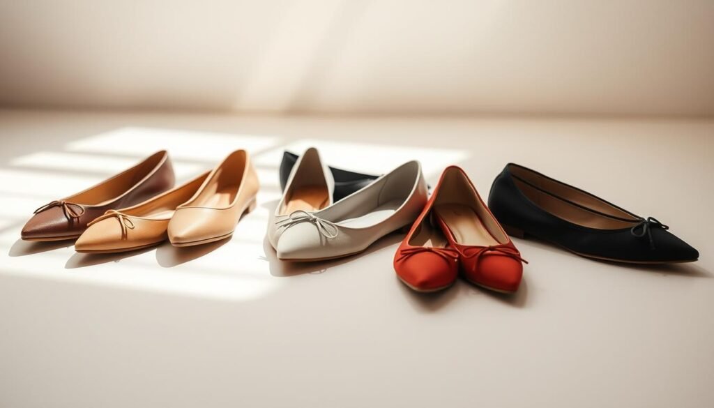 A beautifully lit studio scene showcasing a selection of elegant ballet flats in various colors and styles. The flats are arranged artfully on a clean, neutral-toned surface, creating a harmonious composition. Soft, diffused lighting from above casts gentle shadows, accentuating the graceful lines and textures of the footwear. The background is blurred, keeping the focus on the stylish ballet flats and their effortless sophistication. The overall mood is one of refined simplicity, capturing the essence of casual elegance.