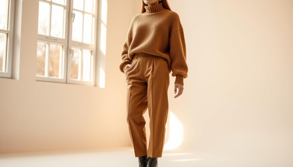 A beautifully lit studio scene showcasing a stylish tan outfit. A model stands tall in a plush, camel-colored cashmere sweater, paired with high-waisted tan trousers and sleek leather ankle boots. Soft, diffused lighting from large windows gently illuminates the luxurious textures, casting warm, golden tones across the frame. The background is a minimalist, off-white wall, allowing the tan outfit to be the focal point. An air of effortless sophistication and cozy, autumnal comfort pervades the scene.