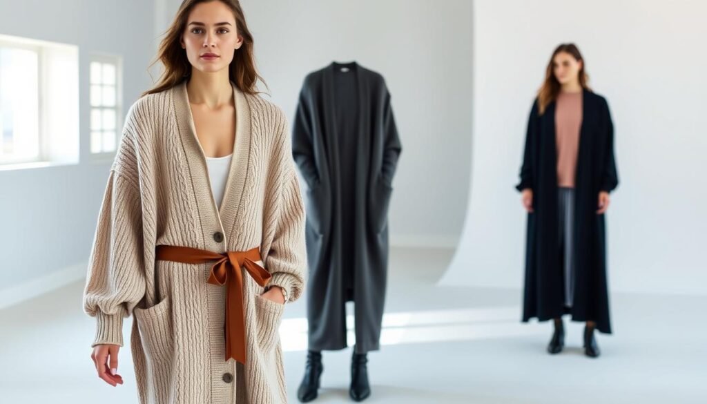 A beautifully-lit studio scene showcasing a variety of long cardigan styles. In the foreground, a model wears a flowing, mid-calf length oatmeal-colored cardigan with a subtle cable knit pattern, cinched at the waist with a wide leather belt. In the middle ground, a dark gray maxi-length cardigan with an oversized silhouette and dropped shoulders. In the background, a long, open-front black cardigan cascades down a standing figure, its length reaching the ankles. Soft, natural lighting from windows on the left casts a warm glow, highlighting the texture and drape of the different knits. The image conveys a sense of cozy, effortless style.