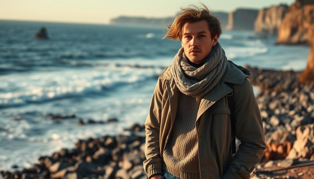 A breathtaking beach landscape, captured through the lens of a professional photographer. In the foreground, a stylish individual stands amidst the coastal layering techniques, donning a cozy sweater, a windbreaker, and a scarf that flutters in the gentle breeze. The middle ground reveals the rugged, rocky shoreline, with the crashing waves of the deep blue ocean serving as a mesmerizing backdrop. Soft, diffused lighting casts a warm, golden glow over the scene, creating a sense of tranquility and timelessness. Towering cliffs in the distance add depth and dimension, while the overall composition effortlessly conveys the essence of winter beach attire and the mastery of layering techniques.