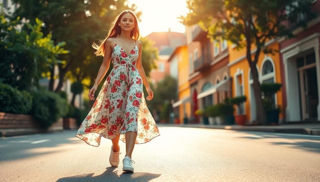 A bright, sun-drenched summer day, with a breezy, casual atmosphere. In the foreground, a fashionable young woman strolls down a city street, wearing a flowing sundress in a vibrant floral print. Her feet are clad in a pair of crisp, white low-top sneakers, adding a touch of sporty chic to the ensemble. The middle ground features lush greenery and quaint, colorful buildings, creating a charming urban backdrop. Warm, golden sunlight filters through, casting a soft, flattering glow over the scene. The overall mood is one of carefree, effortless style, perfectly capturing the spirit of summer sneaker-dress outfits.