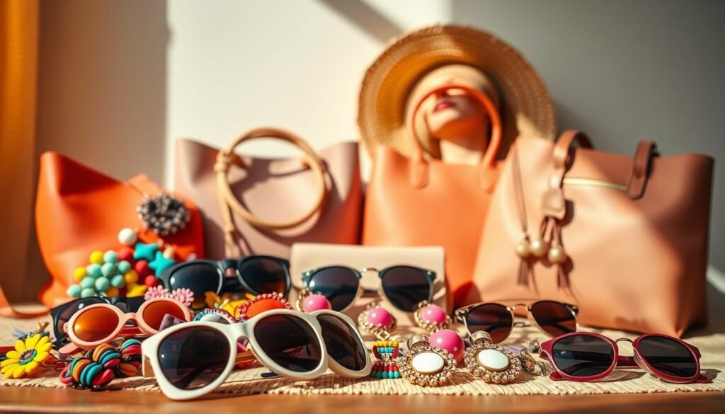 A carefully curated still life showcasing a vibrant array of trendy summer accessories. In the foreground, an array of colorful sunglasses, hair clips, and statement earrings arranged in a visually striking composition. The middle ground features a selection of chic leather and fabric bags in a harmonious color palette, complemented by a woven straw hat. The background is bathed in warm, natural light, casting subtle shadows that add depth and dimension to the scene. The overall atmosphere evokes a sense of effortless style and effortless summer chic.