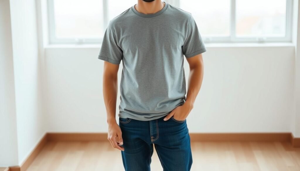 A casual outfit featuring a well-fitted, medium-gray t-shirt and a pair of classic indigo blue jeans. The shirt has a slightly textured, soft cotton material and a slightly relaxed fit. The jeans have a slim, straight-leg silhouette and a medium-wash color. The outfit is completed with a minimal, clean-cut style, with no visible branding or patterns. The model is standing in a natural, everyday pose, with good posture and a neutral expression, conveying a sense of effortless style. The lighting is natural, with soft, diffused illumination from a window or overcast sky, creating a warm, inviting atmosphere. The camera angle is at eye level, capturing the entire outfit in a full-length view.