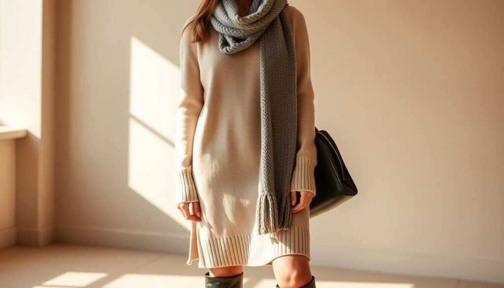 A chic and cozy winter outfit, featuring a high-quality, soft knit sweater dress in a neutral beige tone. The dress has a figure-flattering A-line silhouette and a subtle V-neckline. The model pairs the dress with a pair of sleek, black leather knee-high boots with a low heel, creating a visually striking contrast. The outfit is accessorized with a long, knitted scarf in a complementary shade of gray, casually draped around the neck. Warm, natural lighting casts a gentle glow, highlighting the textures and creating a serene, inviting atmosphere. The model stands confidently, conveying a sense of effortless elegance and comfort, perfectly embodying the essence of a stylish, winter-ready look.