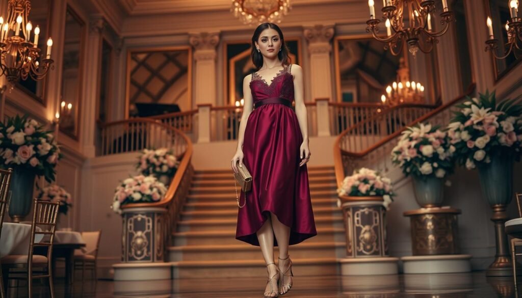 A chic and elegant cocktail dress set against a sophisticated backdrop. A mid-length gown in a rich jewel-toned color, cinched at the waist and flowing gracefully to the knee. Delicate lace or shimmering satin detailing adds a touch of glamour. Strappy heels in a complementary hue elevate the ensemble. In the foreground, a clutch purse in a metallic or complementary tone completes the look. Soft, warm lighting from chandeliers casts a flattering glow, highlighting the dress's sheen. The image is framed by the interior of an upscale wedding venue - think ornate architecture, grand staircases, and lush floral arrangements. An air of timeless refinement permeates the scene.