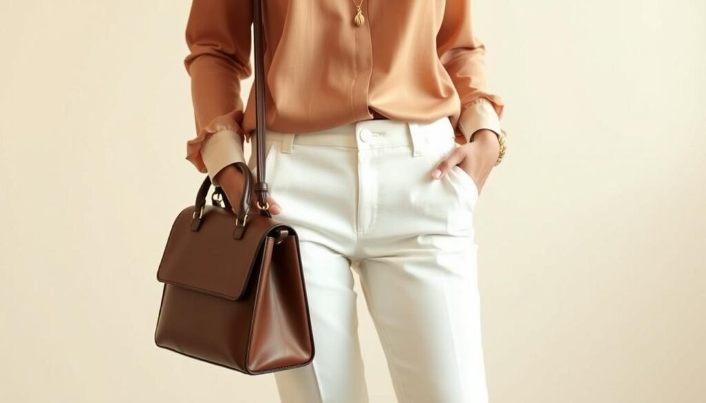A chic and fashionable outfit featuring a pair of crisp, white trousers. In the foreground, the trousers are tailored to perfection, the fabric crisp and clean. In the middle ground, a stylish blouse in a complementary hue softly drapes over the waistline, adding a touch of elegance. Accessorized with a delicate gold pendant necklace and a structured, leather handbag, the overall look radiates sophistication. The lighting is warm and natural, casting a gentle glow on the ensemble. The background is a minimalist, neutral setting, allowing the outfit to be the focal point. The mood is one of effortless style and timeless appeal.