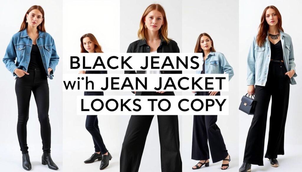 A chic, well-styled photo showcasing 5 fashionable outfits featuring black jeans and denim jackets. The models strike natural, casual poses against a minimalist backdrop, with soft, directional lighting highlighting the textures and details of the garments. The outfits include a classic blue denim jacket paired with black skinny jeans, a cropped black denim jacket worn with wide-leg black jeans, and a lightwash jean jacket layered over a black jumpsuit. The styling emphasizes the versatility and timeless appeal of the black jeans and jean jacket combination. The overall mood is effortless, stylish, and aspirational, capturing the essence of the "Black Jeans with Jean Jacket Looks to Copy" article.