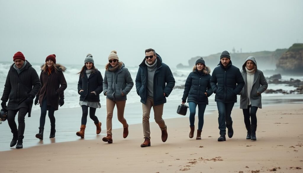 A chilly yet stylish beach scene unfolds. In the foreground, a group of A-list celebrities strut along the shoreline, clad in cozy-yet-fashion-forward outfits - thick knit sweaters, oversized puffer jackets, and woolen beanies that shield them from the biting winter wind. The middle ground reveals the crashing waves and a moody, overcast sky, lending a dramatic, cinematic feel. In the background, a picturesque coastal landscape comes into view, complete with rocky cliffs and a distant lighthouse, all bathed in a soft, diffused natural light. The overall atmosphere conveys a sense of effortless glamour and a carefree, off-duty vibe, as the famous faces enjoy a rare moment of respite from the limelight.