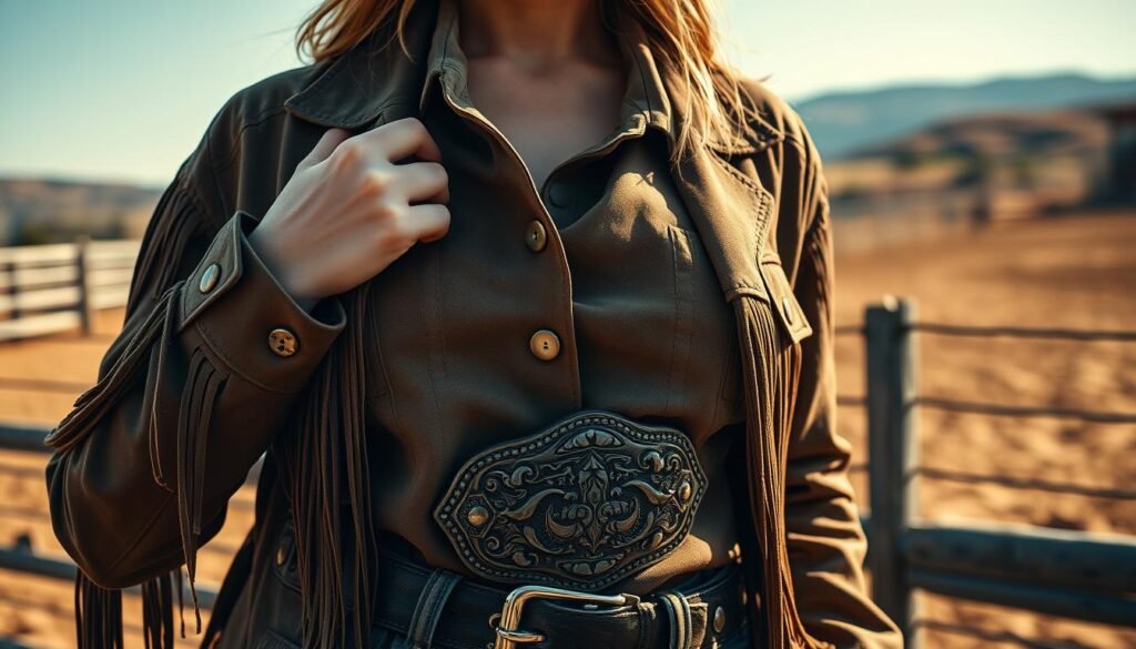 A classic rodeo-inspired scene captured in a textured, high-resolution photograph. In the foreground, a leather-clad cowgirl demonstrates expert styling techniques, her hands deftly arranging the details of her outfit - a crisp western shirt, a fringed suede jacket, and a statement belt buckle that catches the warm, golden light. The middle ground features a backdrop of weathered wooden fencing and a dusty arena, setting the stage for the rodeo action. In the distance, a hint of a blue sky and rolling hills conveys a sense of wide-open spaces. The overall mood is one of confident, sun-drenched style and rugged Western charm.