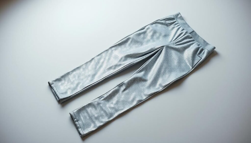 A clean, well-lit studio scene featuring a pair of sleek, straight-leg trousers made of high-quality silver sequins that catch the light and shimmer with every movement. The pants are laid flat on a neutral backdrop, allowing the intricate texture and elegant silhouette to take center stage. Soft, directional lighting from the side and above accentuates the depth and dimension of the sequins, creating a luxurious and captivating visual. The camera is positioned at a slight angle, offering a high-quality, detailed view of the garment. The overall mood is one of sophistication, glamour, and timeless style.