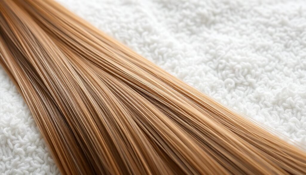 A close-up photograph of a set of luxurious, glossy NBR hair extensions resting on a soft, plush white towel. The strands are meticulously styled, with a natural blend of warm brown and golden hues that catch the gentle, directional lighting. The hair appears full, voluminous, and free of tangles, showcasing the high-quality craftsmanship and superior care required to maintain these delicate extensions. The overall mood is one of pampering, care, and attention to detail, evoking a sense of indulgence and self-care.