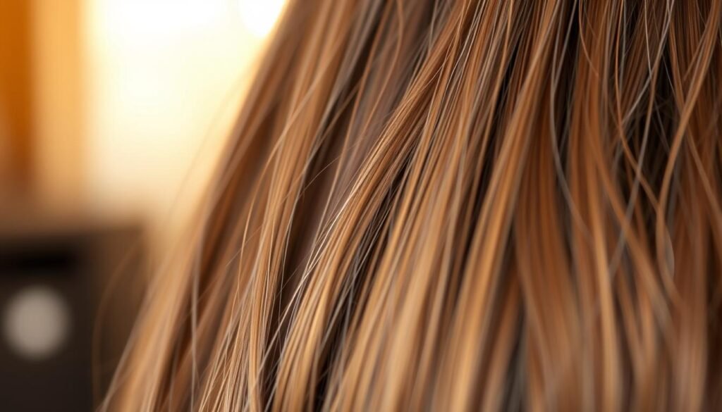 A close-up photograph showcasing the longevity of natural beaded row (NBR) hair extensions. The foreground displays several strands of lustrous, healthy hair extensions seamlessly blended with the model's natural tresses. The middle ground captures the intricate beaded rows that securely attach the extensions, highlighting their durable construction. The background is softly blurred, creating a serene, professional atmosphere that emphasizes the extensions' quality and longevity. Warm, natural lighting illuminates the scene, accentuating the shine and vibrancy of the hair. Shot with a macro lens to capture meticulous details, the photograph conveys the long-lasting, low-maintenance nature of NBR extensions.