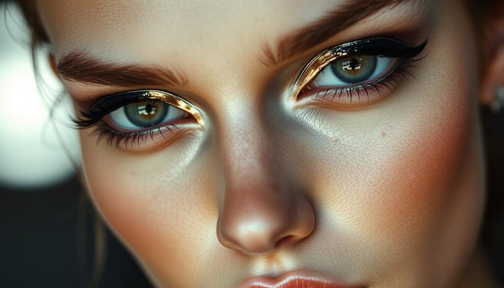 A close-up portrait of a model's eyes, the eyelids adorned with a striking metallic eyeliner trend. The eyeliner is bold, sharply defined, and slightly smudged for a grungy, edgy effect. Soft, natural lighting illuminates the delicate features, creating an alluring, sultry expression. The model's gaze is intense, drawing the viewer in. The background is blurred, placing the focus entirely on the mesmerizing metallic eyeliner. Subtle shadows and highlights accentuate the metallic sheen, making the eyeliner appear almost three-dimensional. Overall, the image conveys a captivating, high-fashion aesthetic that embodies the evolution of eyeliner towards metallic and grungy effects.