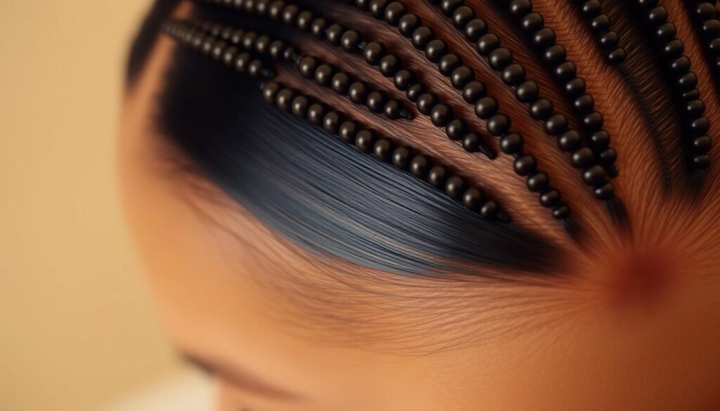 A close-up view of a model's head, showcasing a set of beaded row hair extensions. The extensions are meticulously arranged in neat, parallel rows, creating a sleek and polished look. The beads, intricately threaded through the hair, glisten under the warm, diffused lighting, accentuating the texture and depth of the hairstyle. The focus is on the intricate details of the beaded rows, with a softly blurred background to maintain the visual emphasis on the extensions. The overall image conveys a sense of sophistication and elegance, reflecting the artistry and craftsmanship behind this specialized hair styling technique.