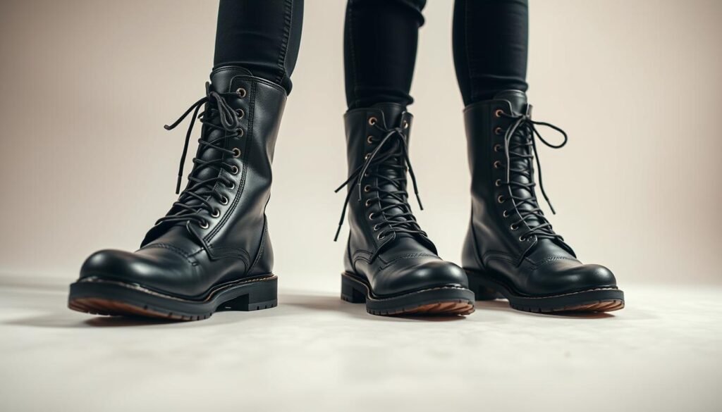 A close-up view of a pair of high-end designer combat boots, captured in a well-lit studio setting with a neutral background. The boots are crafted from premium leather, featuring intricate stitching, metal hardware, and a sturdy, textured sole. The laces are neatly tied, and the boots are presented in a slightly angled perspective to showcase their sleek, angular silhouette. The lighting is soft and diffused, creating subtle highlights and shadows that accentuate the boots' luxurious, high-quality construction. The overall mood is one of sophistication, attention to detail, and a blend of fashion and functionality.