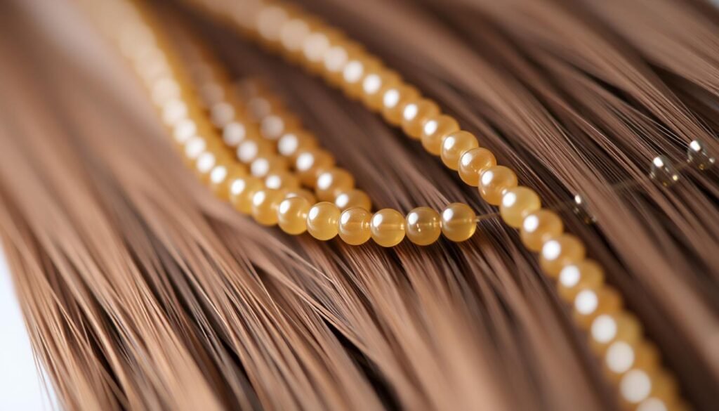 A close-up view of a set of beaded row extensions, showcasing their intricate detailing and delicate construction. The extensions are neatly arranged, with each bead carefully positioned to create a seamless, natural-looking row. The lighting is soft and diffused, highlighting the lustrous sheen of the beads and the subtle variations in their hues. The background is out of focus, creating a sense of depth and focus on the main subject. The overall impression is one of elegance, precision, and the artistry involved in crafting these beautiful hair extensions.