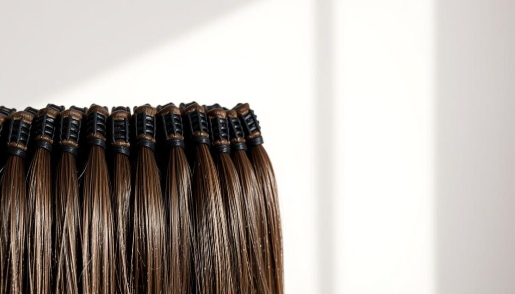 A close-up view of a set of beaded row hair extensions, showcasing the intricate beadwork and individual strands. The extensions are displayed against a clean, minimalist background, allowing the viewer to focus on the textural details and cost-related aspects. Soft, indirect lighting from the side creates subtle shadows and highlights the sheen and quality of the hair. The image is captured at a medium angle, providing a comprehensive yet visually compelling perspective on the cost and longevity of this hairstyling technique.