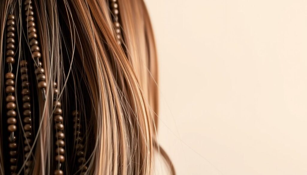 A closeup photograph of natural beaded row hair extensions, showcasing the intricate beaded attachments along the hair strands. The extensions are displayed against a clean, minimalist background, with soft, diffused lighting creating a warm, inviting atmosphere. The focus is on the extensions' texture, color, and seamless integration with the model's natural hair. The angle highlights the cost-effective and long-lasting qualities of this hair extension technique, reflecting the article's subject and section title.