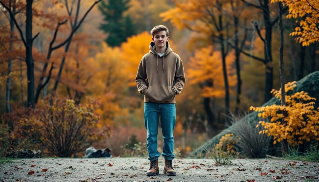 A cozy and casual autumn scene featuring a young adult standing in a natural setting, wearing a comfortable hoodie outfit. The figure is positioned in the middle ground, with a vibrant forest landscape in the background and soft, diffused lighting illuminating the scene. The hoodie is a muted, earthy tone, paired with relaxed-fit jeans and sturdy boots, creating a stylish yet practical weekend-ready look. The overall atmosphere is one of relaxation and tranquility, capturing the essence of an effortless autumn outing.