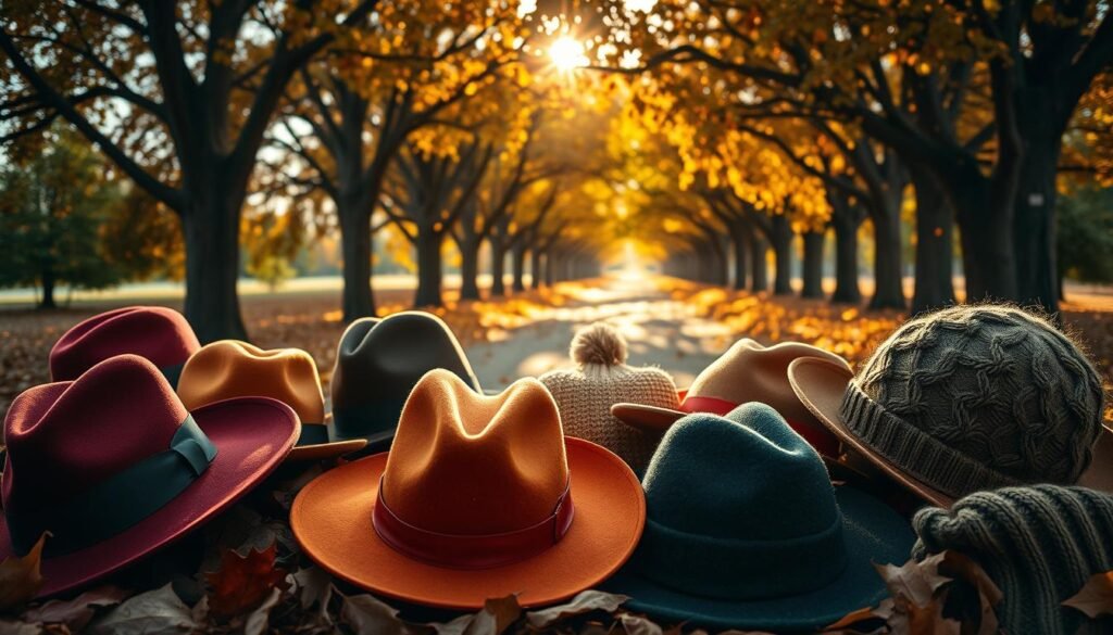 A cozy and inviting autumn scene showcasing an array of stylish fall hats. In the foreground, a selection of chic felt fedoras, wide-brimmed sun hats, and knitted beanies in rich autumnal hues of burgundy, mustard, and olive green. Sunlight filters through the trees in the middle ground, casting a warm, golden glow over the scene. In the background, a picturesque tree-lined path, with dried leaves gently swirling in the breeze, creating a serene and tranquil atmosphere. The lighting is soft and diffused, highlighting the texture and craftsmanship of the hats. Shoot with a shallow depth of field to create a visually striking and immersive composition.