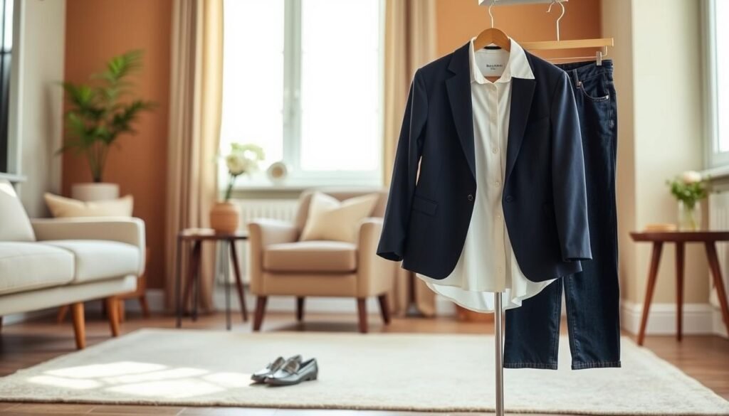 A cozy and inviting living room setting, with soft natural lighting from a large window. In the foreground, a neatly arranged display of classic wardrobe essentials for women over 60 - a crisp white button-down blouse, a navy blue blazer, a pair of well-fitted straight-leg jeans, and a pair of comfortable loafers. In the middle ground, a plush armchair and a wooden side table with a decorative plant. The background features warm, earthy tones, creating a serene and sophisticated atmosphere. The overall mood is one of effortless elegance and timeless style.