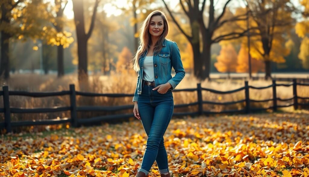 A cozy autumn day, a woman stands in a field of golden leaves, wearing a fitted denim jacket, high-waisted blue jeans, and leather ankle boots. Warm sunlight filters through the trees, casting a gentle glow on her outfit. The background features a rustic wooden fence and a distant line of vibrant trees, creating a harmonious and inviting scene. The camera captures a three-quarter profile view, highlighting the woman's confident and stylish pose. The overall mood is one of effortless elegance and seasonal inspiration.