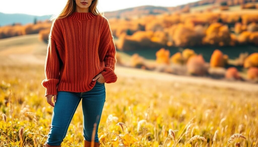 A cozy autumn day in a charming countryside setting. In the foreground, a model wears a statement-making oversized knit sweater in a warm burnt orange color, paired with high-waisted denim jeans and leather ankle boots. The sweater features a subtle cable knit pattern that adds depth and texture. The model stands in a sunlit meadow, with a backdrop of rolling hills dotted with vibrant fall foliage in shades of amber, rust, and crimson. Soft, diffused natural lighting bathes the scene, creating a serene and inviting atmosphere. The overall look is effortlessly chic and perfectly captures the essence of casual fall fashion.