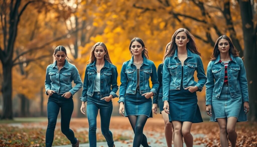 A cozy autumn day, the air crisp and the leaves gently falling. In the foreground, a group of models stride confidently, dressed in perfectly fitted denim jackets, jeans, and skirts. The denim shimmers with a subtle sheen, accentuating the rich, autumnal hues of their outfits. In the middle ground, a backdrop of warm, golden-toned trees provides a serene, natural setting, while soft, diffused lighting casts a gentle glow over the scene. The overall mood is one of effortless style and comfortable elegance, capturing the essence of casual fall fashion.