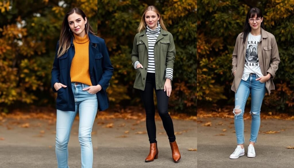 A cozy autumn scene showcasing multiple utility jacket outfit combinations. In the foreground, a model poses confidently in a navy blue utility jacket, paired with a mustard yellow sweater, light wash denim jeans, and tan suede ankle boots. The middle ground features another model wearing a olive green utility jacket layered over a striped turtleneck, black skinny jeans, and leather chelsea boots. In the background, a third model styles a khaki utility jacket with a graphic tee, distressed boyfriend jeans, and white low-top sneakers. Soft, diffused natural lighting illuminates the casual, effortless outfits against a backdrop of changing fall foliage.