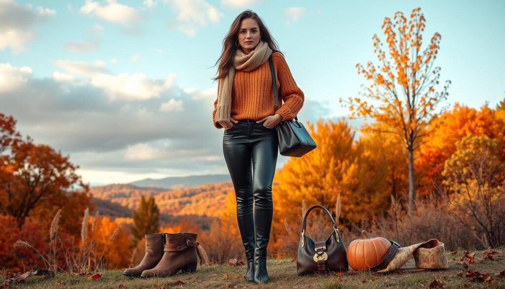 A cozy autumn scene with a chic female model showcasing the latest fall fashion trends. The foreground features the model posing confidently in a warm-toned knit sweater, leather pants, and fashionable ankle boots. The middle ground includes a selection of complementary autumn accessories such as a scarf, handbag, and statement jewelry. The background depicts a scenic fall landscape with vibrant, changing foliage, a partially cloudy sky, and warm, natural lighting creating a golden hour effect. The overall mood is one of embracing the beauty and style of the fall season.