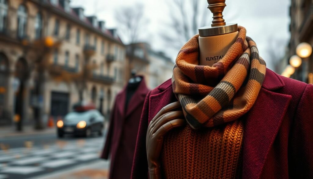 A cozy autumn scene with a layered outfit on a mannequin against a blurred background. In the foreground, a warm-toned knit sweater, plaid scarf, and leather gloves. In the middle ground, a tailored wool coat in a deep burgundy hue. In the background, a softly defocused city street with falling leaves and a moody, overcast sky. Soft, diffused lighting creates a sense of depth and atmosphere. Captured with a medium-format camera lens for a refined, editorial aesthetic.
