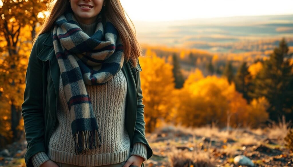 A cozy autumn scene with a woman standing in the foreground, layered in a beige cable-knit sweater, a plaid scarf, and a dark green military-style jacket. In the middle ground, a lush forest with vibrant orange and yellow foliage, illuminated by warm, golden afternoon sunlight. The background features a picturesque countryside landscape, with rolling hills and a distant village. The lighting is soft and diffused, creating a serene, autumnal atmosphere. The camera angle is slightly elevated, giving a three-quarter view of the outfit and the surrounding scenery. The overall mood is one of effortless elegance, showcasing how seasonal layering can elevate a casual, everyday look.