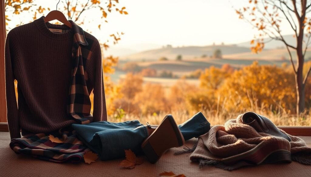 A cozy autumn scene with an assortment of affordable fall fashion essentials laid out in the foreground. In the middle ground, a warm-toned palette with hints of golden sunlight filtering through the changing leaves of trees. The background features a tranquil rural landscape with rolling hills and a misty horizon. The lighting is soft and diffused, creating a inviting, comfortable atmosphere. The clothing items - a sweater, flannel shirt, denim jeans, ankle boots, and a knit scarf - are arranged artfully, highlighting their practical yet stylish nature for everyday wear during the autumn season.