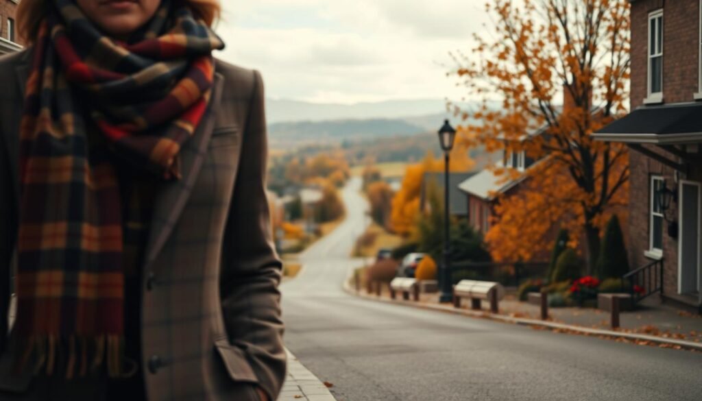 A cozy autumn setting with a focus on stylish plaid fall outfits. In the foreground, a well-dressed person strolls down a quaint street, wearing a warm plaid scarf, a tailored plaid blazer, and slim-fit plaid trousers. The middle ground features a charming small-town scene with brownstone buildings, wrought-iron street lamps, and vibrant fall foliage. In the background, a winding country road disappears into a hazy horizon, with rolling hills and a moody overcast sky. The lighting is soft and diffused, casting a golden glow that enhances the autumnal atmosphere. The camera angle is slightly elevated, allowing the viewer to take in the full scene with a sense of comfortable coziness.