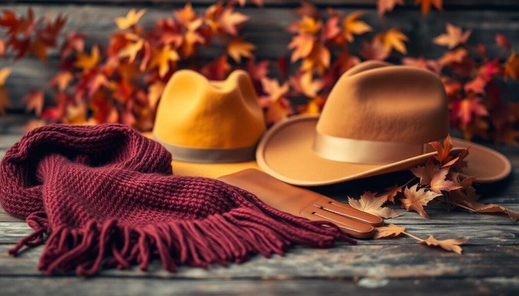 A cozy autumn tableau featuring an elegant assortment of seasonal accessories arranged artfully on a rustic wooden surface. In the foreground, a warm knitted scarf in deep burgundy, its fringes gently cascading. Beside it, a pair of classic leather gloves in a rich chestnut hue. In the middle ground, a stylish wide-brimmed felt hat in a soft mustard yellow, its brim slightly tilted. In the background, a sprinkling of vibrant fall foliage in shades of red, orange, and gold, creating a picturesque autumnal backdrop. The scene is illuminated by natural, diffused lighting, casting a gentle, inviting glow. Captured with a shallow depth of field, drawing the viewer's eye to the exquisite details of the seasonal accessories.
