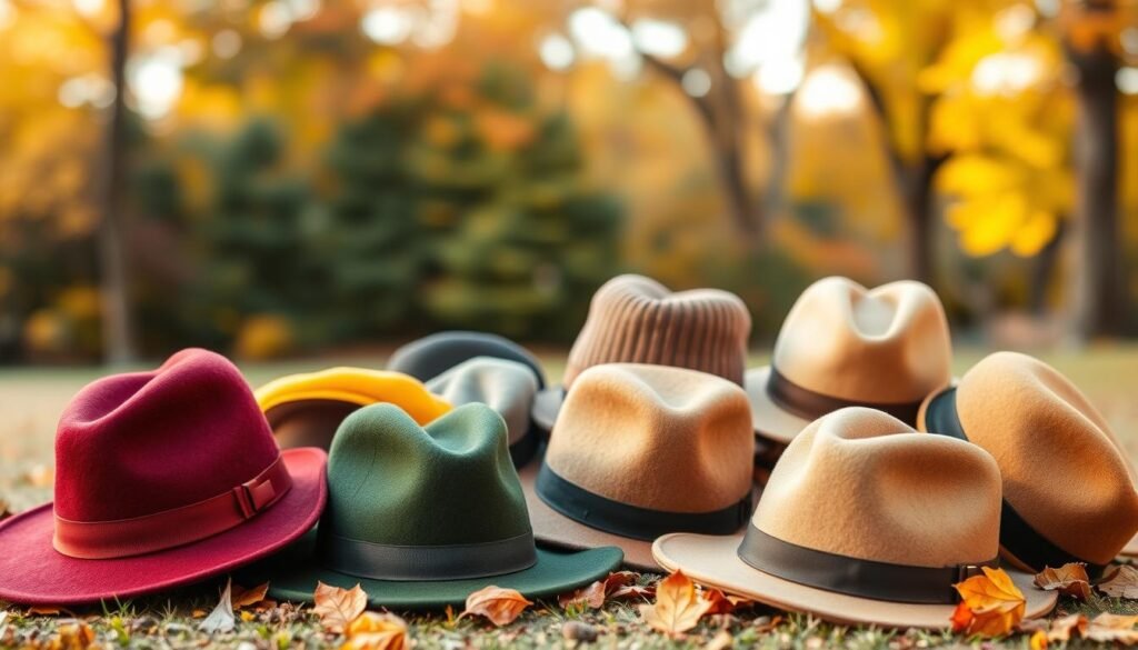 A cozy autumnal scene showcasing an assortment of stylish fall hats for women. In the foreground, a selection of chic wide-brimmed felt hats in rich burgundy, mustard yellow, and deep forest green hues. In the middle ground, a mix of berets, beanies, and structured newsboy caps in complementary tones of camel, charcoal, and rust. The background features a warm, golden-hour lit park setting with vibrant foliage, evoking the transitional elegance of the autumn season. Captured with a shallow depth of field to draw the eye to the artfully arranged hats, creating an inviting and aspirational display.