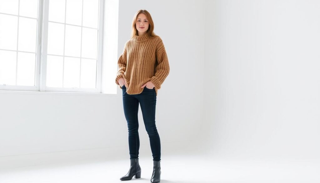 A cozy, budget-friendly winter outfit featuring a chunky knit sweater in a warm neutral tone, paired with slim-fitting dark denim jeans. The outfit is completed with a pair of classic black leather ankle boots, adding a touch of sophistication. The model is standing in a minimalist studio setting, lit by soft, diffused natural lighting from a large window, creating a clean, inviting atmosphere. The overall look is effortless and stylish, perfect for a chilly day without breaking the bank.