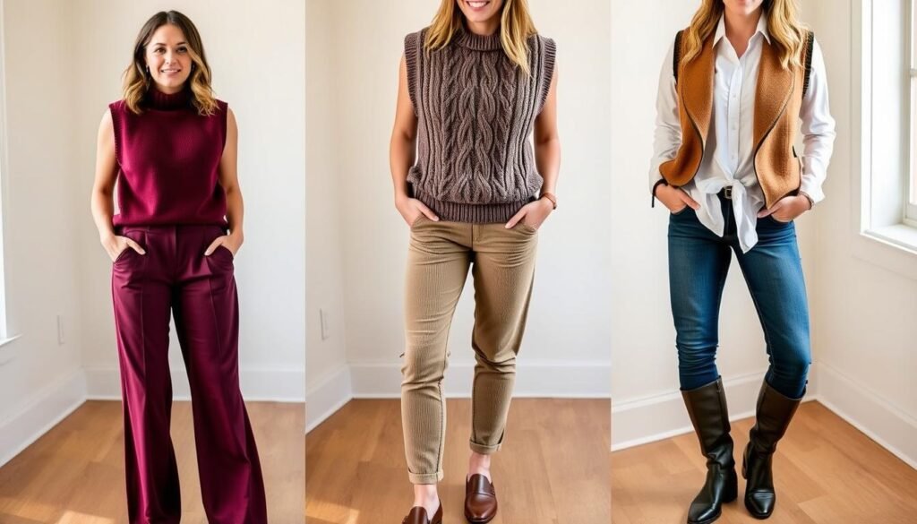 A cozy fall/winter scene featuring a selection of stylish sleeveless sweater outfits. In the foreground, a woman stands wearing a sleeveless mock-neck sweater in a rich burgundy hue, paired with high-waisted wide-leg trousers and chic ankle boots. In the middle ground, a second woman sports a sleeveless cable-knit sweater with a deep V-neck, tucked into slim-fitting corduroy pants and finished with loafers. In the background, a third woman layers a sleeveless sweater vest over a crisp white button-down, accentuated by tailored straight-leg jeans and riding boots. Natural lighting filters in, creating a warm, inviting ambiance perfect for the fall and winter seasons.