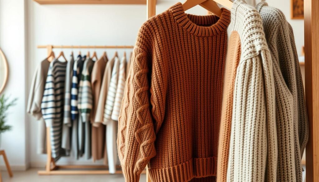 A cozy, fashionable scene of long sweaters in a warm, inviting setting. In the foreground, a plush, oversized knit sweater in a rich, earthy tone hangs casually from a wooden clothing rack, its soft texture and flowing silhouette drawing the eye. In the middle ground, several additional long sweaters in varying patterns and hues – from classic stripes to intricate cable knits – are neatly arranged, showcasing the versatility and timeless appeal of this beloved garment. The background features a minimalist, yet stylish interior, with natural wood accents and soft, diffused lighting creating a serene, welcoming atmosphere that perfectly complements the featured sweaters.