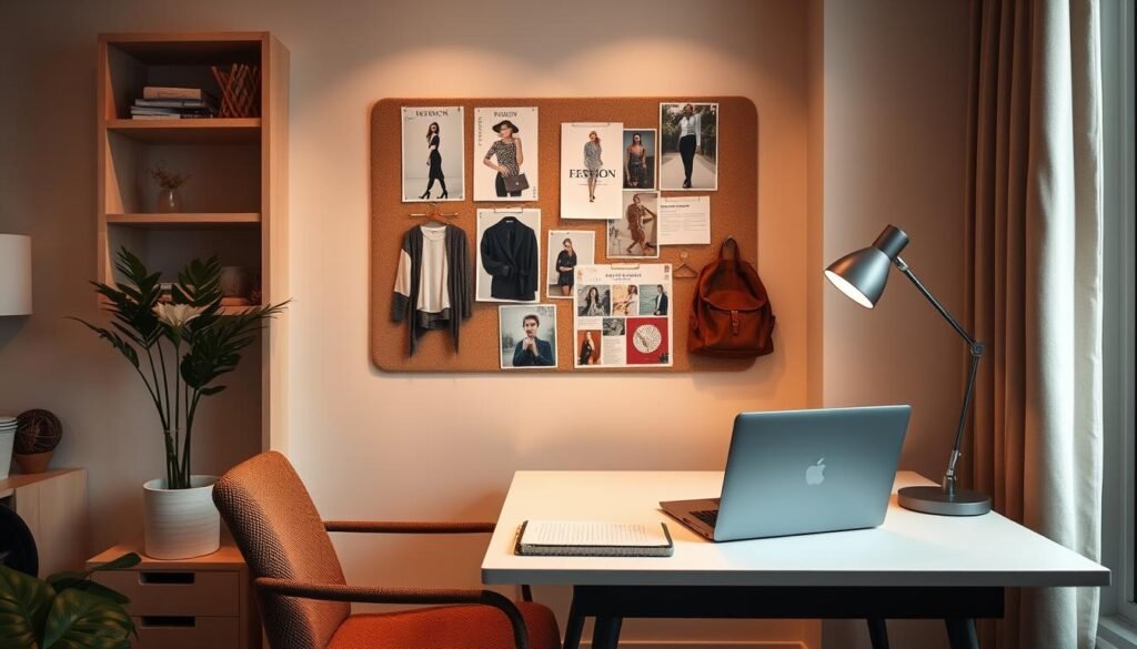 A cozy home office with a stylish desk and chair, a laptop, a mood board on the wall showcasing fashion inspirations, and a neatly organized folder and notebook for budget planning. The lighting is soft and inviting, creating a warm and productive atmosphere. The color palette features earthy tones and natural textures, reflecting a sense of balance and efficiency. The overall scene conveys a visually appealing and aspirational lifestyle, where style goals and budget planning seamlessly coexist.