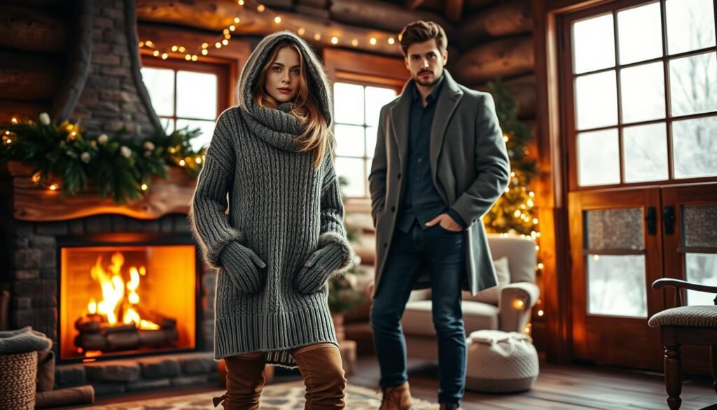 A cozy, inviting winter scene featuring two models wearing stylish yet comfortable ensembles. In the foreground, a woman poses in a chunky knit sweater dress, paired with tall suede boots and a plush hooded scarf. In the middle ground, a man stands casually in a tailored wool overcoat, dark denim, and rugged leather boots. Behind them, a warm fireplace casts a soft glow, with evergreen boughs and twinkling lights decorating the rustic cabin interior. Diffused natural light streams through frosty windowpanes, creating a serene, hygge-inspired atmosphere. The models' expressions are relaxed yet alluring, capturing the balance of coziness and captivation.