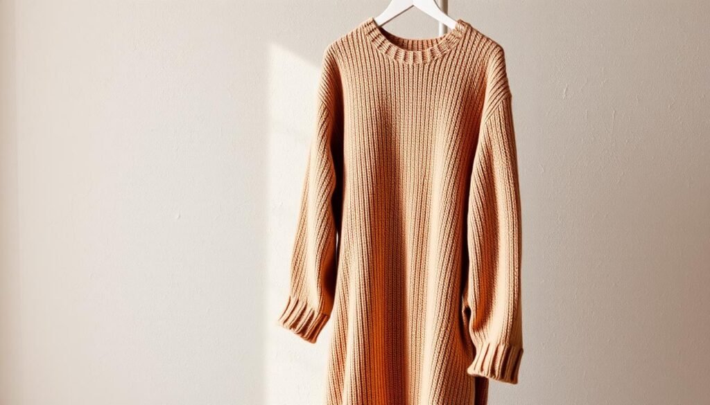 A cozy long sweater in a warm, earthy tone hangs gracefully, its soft, oversized silhouette inviting. The sweater is photographed in a soft, natural light, the camera angled to showcase its relaxed, versatile appeal. The background is a minimalist, textured wall in a muted color, allowing the sweater to be the focal point. The composition conveys a sense of comfort and effortless style, perfectly capturing the essence of how to style a long sweater for different occasions.
