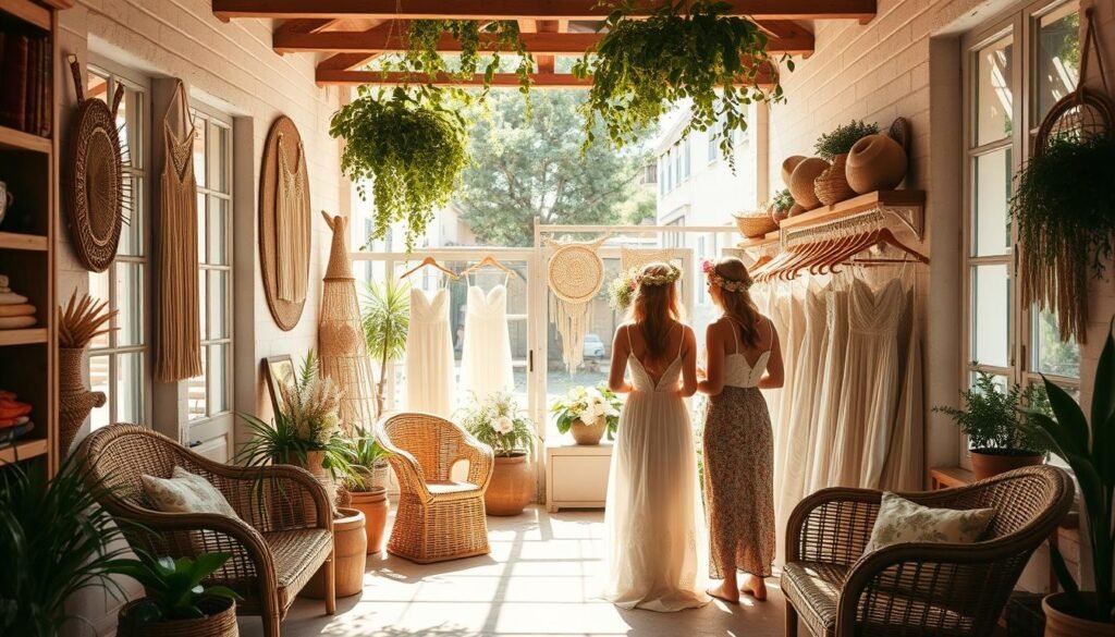 A cozy, sun-drenched boho-chic boutique nestled in a quaint, tree-lined street. Vintage rattan furniture, macrame wall hangings, and a collection of delicate, flowing bridal gowns in soft, earthy hues take center stage. Floor-to-ceiling windows allow natural light to bathe the space in a warm, golden glow. A few customers, their hair adorned with flower crowns, browse the racks with a relaxed, carefree air. An old-world charm permeates the scene, hinting at the whimsical, romantic vibe of the perfect boho wedding dress shopping destination.