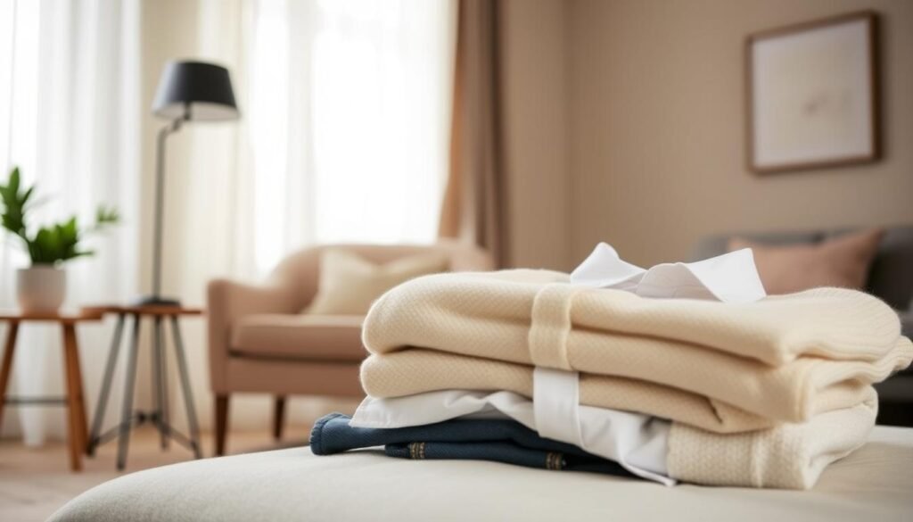 A cozy, well-lit home interior with soft, natural lighting filtering through sheer curtains. In the foreground, a neatly folded stack of classic wardrobe essentials - a cream-colored cashmere sweater, a crisp white button-down shirt, and a pair of dark-wash denim jeans. In the middle ground, a neutral-toned armchair and a side table with a potted plant. In the background, a neutral-colored wall with a simple, minimalist art piece hanging. The overall mood is one of timeless elegance and effortless style.