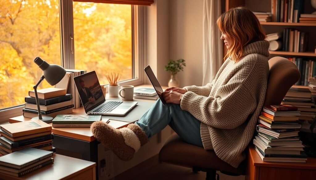 A cozy, well-lit home office scene with a comfortable desk setup and a window overlooking an autumnal landscape. A person wearing a soft, oversized sweater, relaxed-fit jeans, and house slippers sits at the desk, focused on their laptop. Warm, golden lighting filters through the window, casting a gentle glow on the scene. Piles of books, a mug of hot tea, and a small potted plant add personal touches to the workspace. The overall mood is one of relaxed productivity, capturing the essence of casual yet put-together fall work-from-home style.