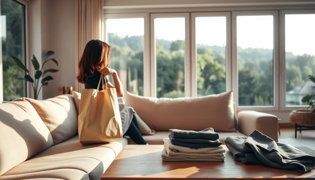A cozy, well-lit interior scene of a modern, minimalist living room. In the foreground, a person is sitting on a plush, neutral-toned couch, holding a sustainable, reusable shopping bag. On the coffee table, there are a few neatly folded, high-quality, timeless clothing items, exemplifying a capsule wardrobe. The middle ground features large windows overlooking a lush, verdant outdoor landscape, conveying a sense of tranquility and connection to nature. The warm, diffused lighting creates a serene, inviting atmosphere, highlighting the intentional, eco-conscious lifestyle choices.